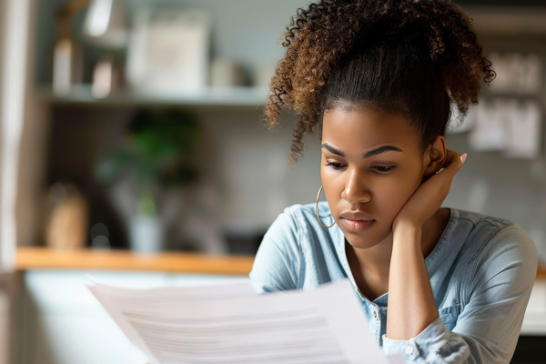 femme qui lit les conditions générales d'un contrat d'assurance auto